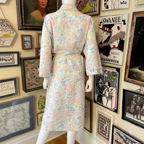 80s Vintage Apostrophe Silky Floral Pastel Robe With Belt Size XL - Picture 4 of 5